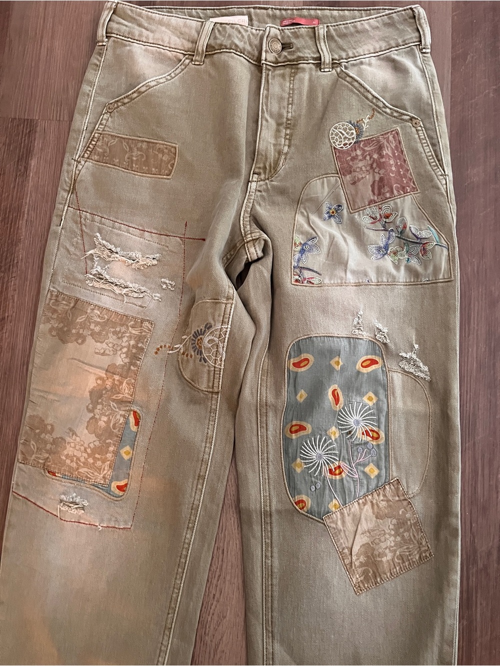 Pilcro for Anthropologie Embroidered Patchwork Olive Denim Jeans. Sz 26 - Picture 3 of 9